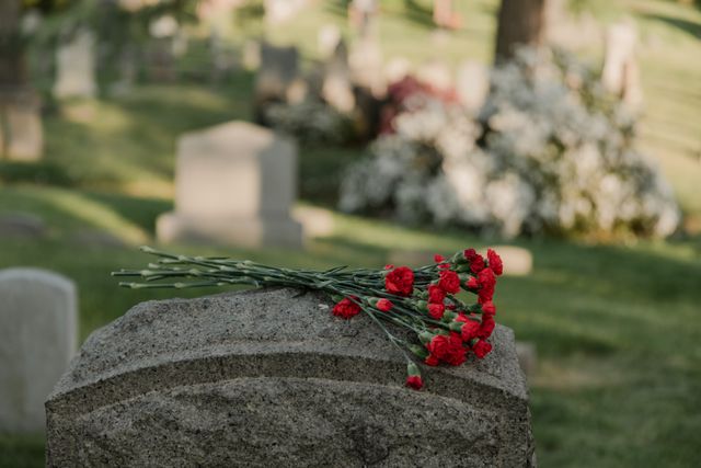 hand laying red flowers on a grave for someone who died in a work accident